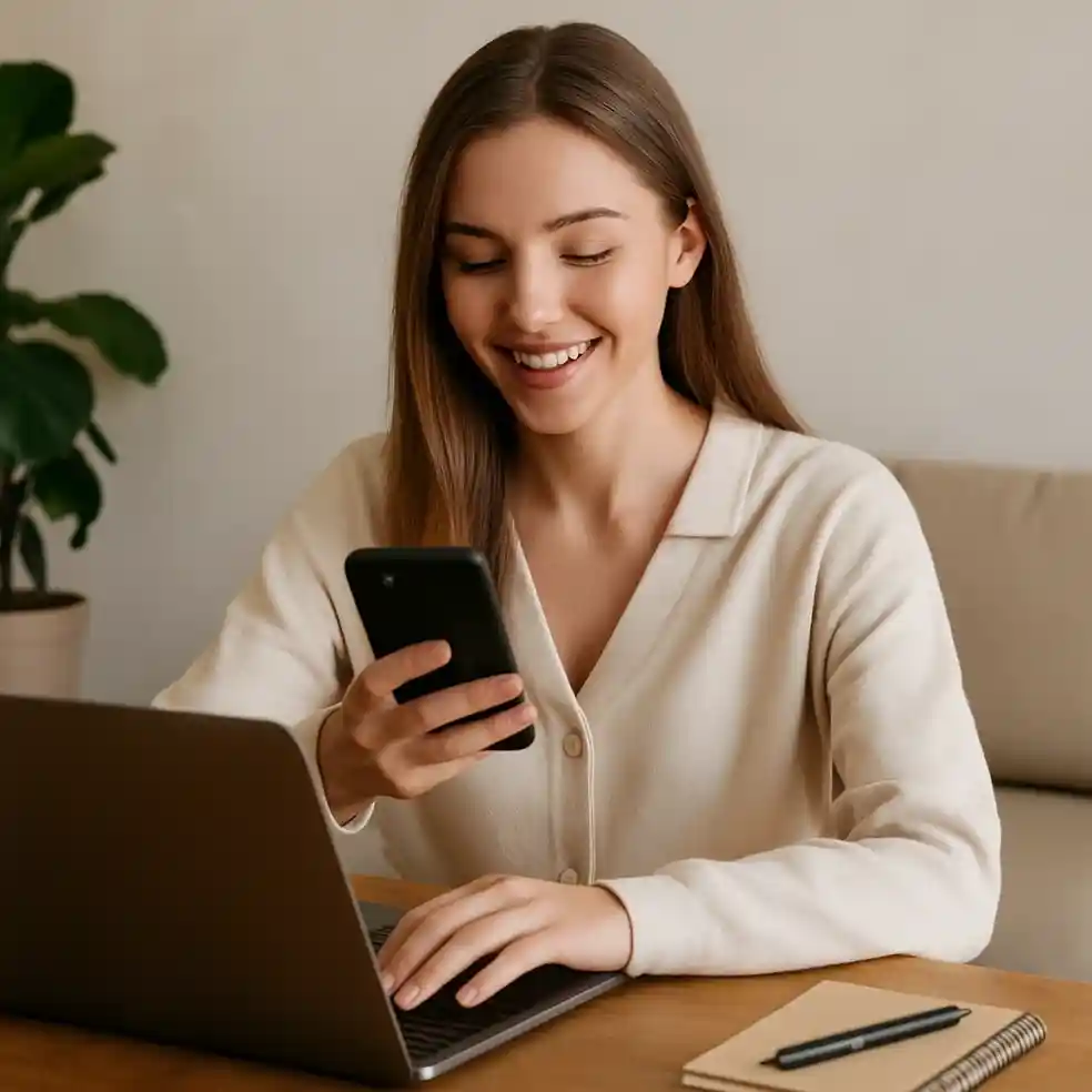 A woman smiling while using her laptop and phone, ready to get started with Poppy AI.
