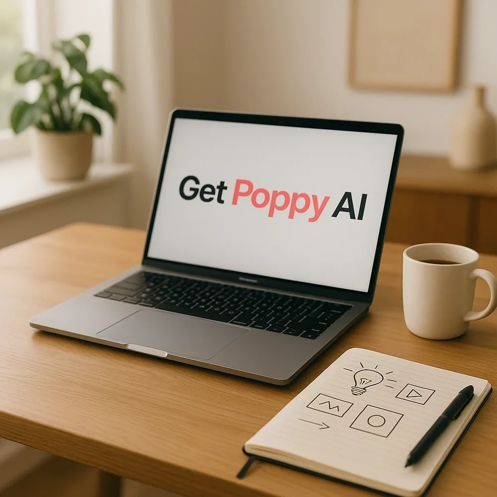 A laptop on a desk showing the Get Poppy AI application dashboard.